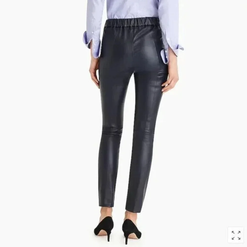 NWT J.Crew Collection Leather Leggings in Navy Blue Stretch Pull-on Pants 4 $495